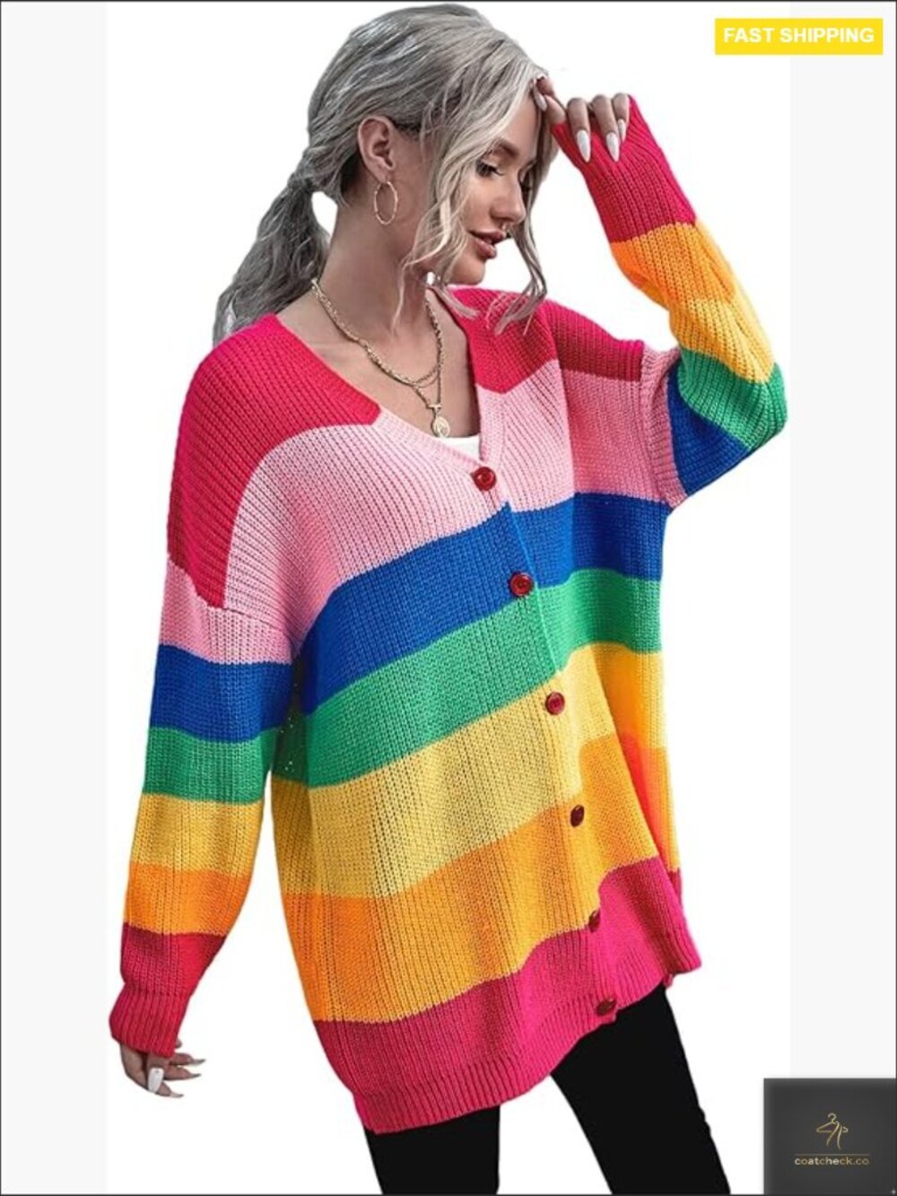 Rainbow Striped V-Neck Cardigan Sweater Oversized Drop Shoulder Long Sleeve Soft